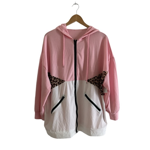 SHEIN Sweaters - SHEIN Curve Pink and White Hooded Cardigan sz 1XL
